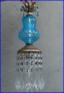 1 Vintage Swag brass tole Fenton Art Glass Crystal Lamp prism aqua blue hobnail