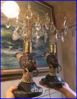 2 Lamps Vintage Jeweled Art Deco NUBIAN African Queen blackamoor Spelter Brass