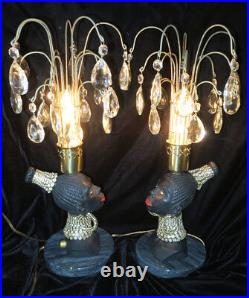 2 Lamps Vintage Jeweled Art Deco NUBIAN African Queen blackamoor Spelter Brass