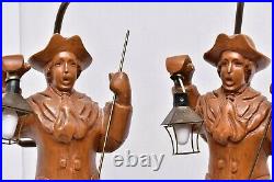 2 VTG figural lamps carved wood Colonial Man Folk art Mid Century Modern Pair