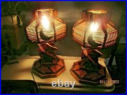 2 Vintage Folk Tramp Art Popsicle Stick Table Lamps Cottage Camp Retro 18 1/4