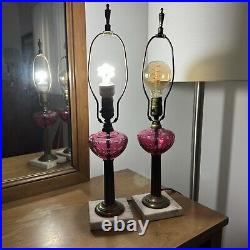 2 Vintage MCM Lamps Fenton Cranberry Opalescent Glass Brass Marble Base