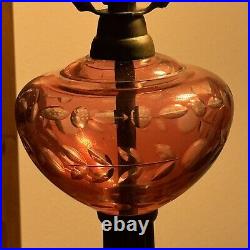 2 Vintage MCM Lamps Fenton Cranberry Opalescent Glass Brass Marble Base