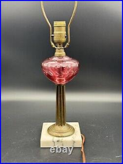 2 Vintage MCM Lamps Fenton Cranberry Opalescent Glass Brass Marble Base