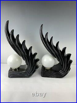 (2) Vintage Wave Cascade Black Lamps Art Deco Mid Century