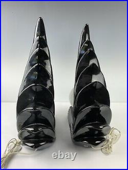 (2) Vintage Wave Cascade Black Lamps Art Deco Mid Century