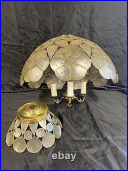 2 Vtg Art Deco Capiz Shell Round Ceiling Light Chandelier & Lamp Shade MCM