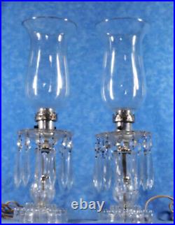2 Vtg. Art Deco Cear Glass Boudoir Buffet Vanity Lamps Crystal Prism Drops