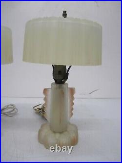 2 Vtg Art Deco Nouveau Boudoir Table Lamps Lights Glass Base & Shade Pink White