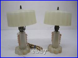 2 Vtg Art Deco Nouveau Boudoir Table Lamps Lights Glass Base & Shade Pink White