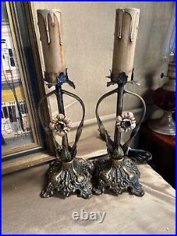 2 Vtg French Italian Metal Flowers Table Lamps Shabby Chic