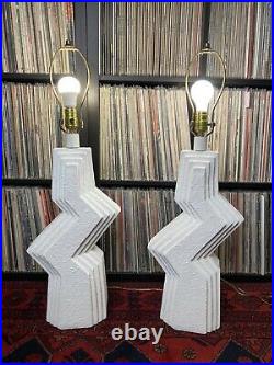 2 Vtg MCM Art Deco Zig Zag Ziggurat Plaster Table Lamps. Veras Art Studios 1989