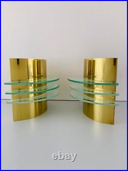 2x VTG 1980s Retro Art Deco Sconce Brass Tempered Glass Lamp Light