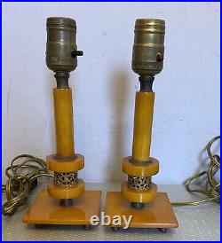 30s Art Deco Vintage Butterscotch Bakelite Candlestick Style Lamp Pair TESTED