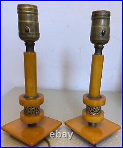 30s Art Deco Vintage Butterscotch Bakelite Candlestick Style Lamp Pair TESTED