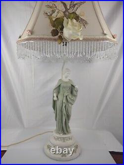 34Tall Porcelain Vintage Art Deco Lady Lamp With Beaded Flower Shade
