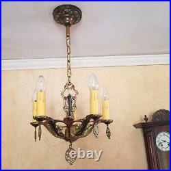 581b Vintage 30's Antique Ceiling Light lamp art nouveau polychrome chandelier