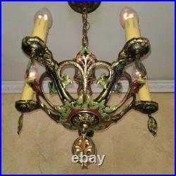 581b Vintage 30's Antique Ceiling Light lamp art nouveau polychrome chandelier