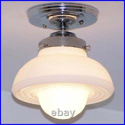 944 Vintage Antique arT Deco Ceiling Light Lamp Chrome Fixture Glass Hall Bath