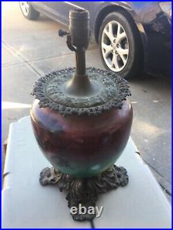 ANTIQUE Art Deco Cast Iron Table Lamp Base Vtg Hand Painted Antiqued Finish