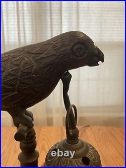 ANTIQUE VINTAGE CAST METAL PARROT ART DECO ACCENT LAMP With CAGED GLASS SHADE