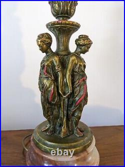 ANTIQUE Vintage THREE GRACES TABLE LAMP Gilt Brass Enamel Marble Figural Lady