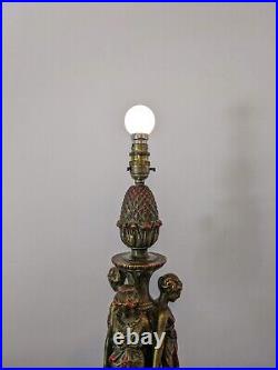 ANTIQUE Vintage THREE GRACES TABLE LAMP Gilt Brass Enamel Marble Figural Lady