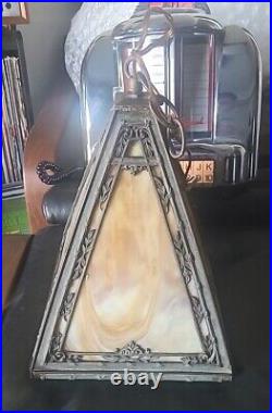 ART DECO HANGING LAMP NY STATE VINTAGE GLASS/STEEL 1920s VVGC