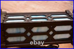 Antique 19.5 BLUE Slag Glass Cast Iron Mission Arts Crafts Style Table Lamp VTG