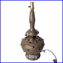 Antique Art Nouveau Brass Jeweled Table Lamp Glass Cabochon Vtg Moroccan Chased