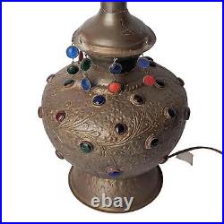 Antique Art Nouveau Brass Jeweled Table Lamp Glass Cabochon Vtg Moroccan Chased