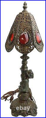 Antique Loevsky & Loevsky Cast Metal Cherub Lamp Filigree Red Crystal Shade