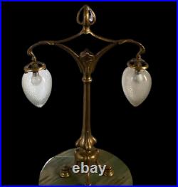 Antique Old Vintage Art Nouveau Brass & Glass Shade Table Lamp Light