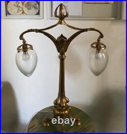 Antique Old Vintage Art Nouveau Brass & Glass Shade Table Lamp Light