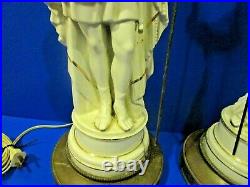 Antique Porcelain Greek Roman Soldier Lamps Art Deco Neoclassical Lady Pair VTG