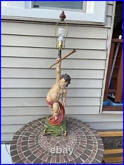 Antique Vintage Art Deco Cherub Putti Carved Wood With Trumpet Table Lamp