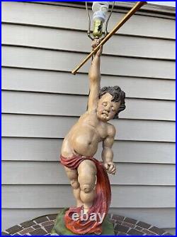 Antique Vintage Art Deco Cherub Putti Carved Wood With Trumpet Table Lamp