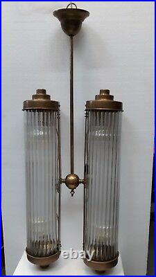 Antique Vintage Art Deco Fixture Ceiling Brass Hanging Light Glass Rod Lamp