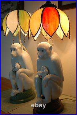 Antique Vintage Chinese Arts Crafts Art Deco Whimsical Monkey Porcelain MCM Lamp