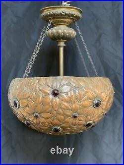 Antique Vintage Jeweled Chandelier Repousse Art Nouveau Arts Crafts Mission Lamp