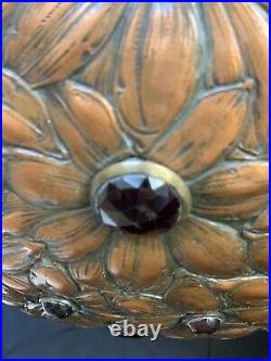 Antique Vintage Jeweled Chandelier Repousse Art Nouveau Arts Crafts Mission Lamp