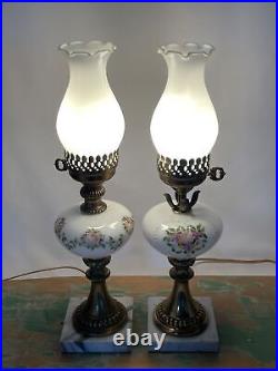 Antique Vtg Electric Oil Lamp PAIR Floral MCM Boudoir Victorian Art Deco Buffet