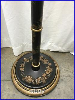 Antique Vtg Farmhouse WOOD Floor Lamp Victorian Art Deco Black Gold Painted Vine