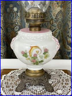 Antique Vtg Glass Oil Lamp Pink Floral Victorian Farmhouse Art Deco Etch Chimney