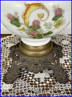 Antique Vtg Glass Oil Lamp Pink Floral Victorian Farmhouse Art Deco Etch Chimney