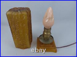 Antique or Vintage Art Deco Amber Lamp with Crackle Glass Shade on Stepped Base