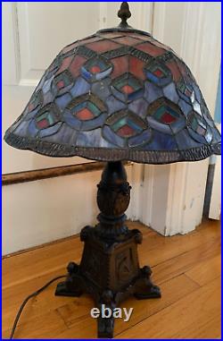 Antique stained glass peacock table LAMP vtg tiffany art deco Pompeian Bronze Co