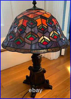 Antique stained glass peacock table LAMP vtg tiffany art deco Pompeian Bronze Co