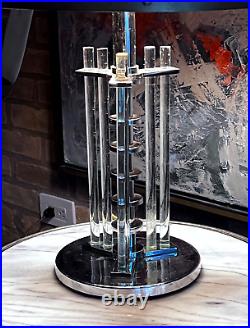 Art Deco Machine Age Italian Chrome Metal Glass Rod Table Desk Lamp Vtg Deskey