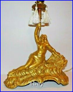 Art Deco Nude Lady Boudoir Lamp Dolphin Serpent Nymph Gold Cast Pot Metal VTG